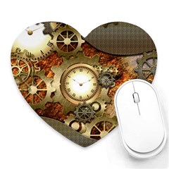 Steampunk, Wonderful Steampunk Design With Clocks And Gears In Golden Desing Heart Mousepads