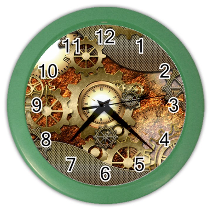 Steampunk, Wonderful Steampunk Design With Clocks And Gears In Golden Desing Color Wall Clocks