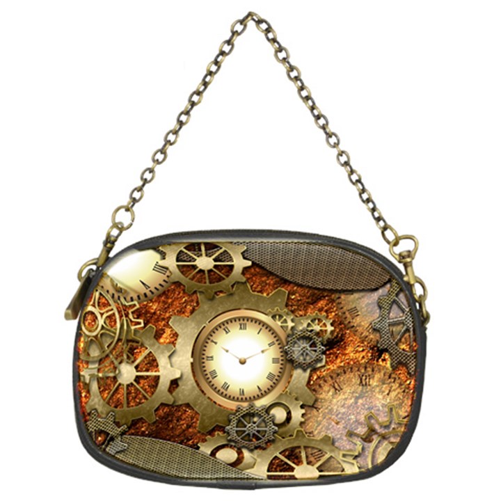 Steampunk, Wonderful Steampunk Design With Clocks And Gears In Golden Desing Chain Purses (Two Sides) 