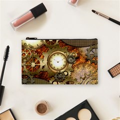 Steampunk, Wonderful Steampunk Design With Clocks And Gears In Golden Desing Cosmetic Bag (small)  by FantasyWorld7