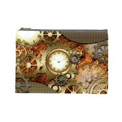 Steampunk, Wonderful Steampunk Design With Clocks And Gears In Golden Desing Cosmetic Bag (large)  by FantasyWorld7