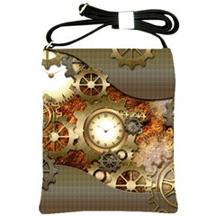 Steampunk, Wonderful Steampunk Design With Clocks And Gears In Golden Desing Shoulder Sling Bags by FantasyWorld7