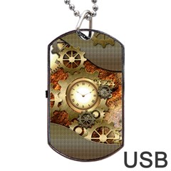 Steampunk, Wonderful Steampunk Design With Clocks And Gears In Golden Desing Dog Tag Usb Flash (one Side)