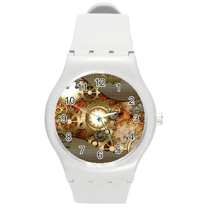 Steampunk, Wonderful Steampunk Design With Clocks And Gears In Golden Desing Round Plastic Sport Watch (M)