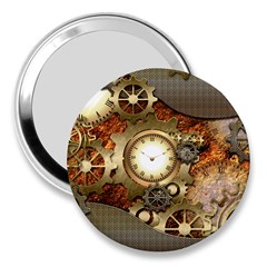 Steampunk, Wonderful Steampunk Design With Clocks And Gears In Golden Desing 3  Handbag Mirrors by FantasyWorld7