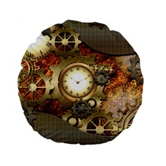 Steampunk, Wonderful Steampunk Design With Clocks And Gears In Golden Desing Standard 15  Premium Round Cushions