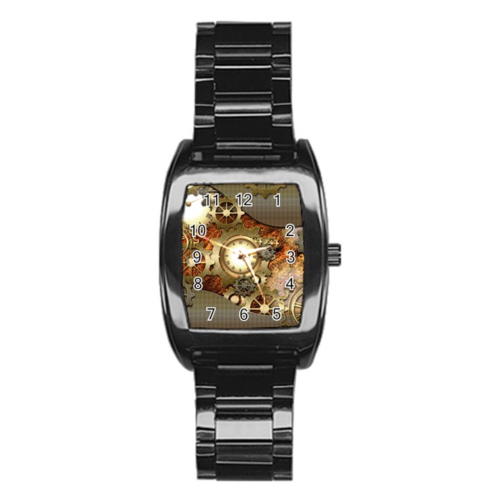 Steampunk, Wonderful Steampunk Design With Clocks And Gears In Golden Desing Stainless Steel Barrel Watch