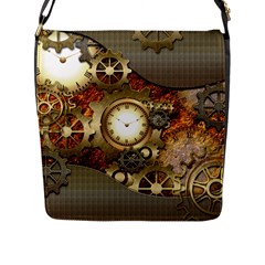 Steampunk, Wonderful Steampunk Design With Clocks And Gears In Golden Desing Flap Messenger Bag (l) 