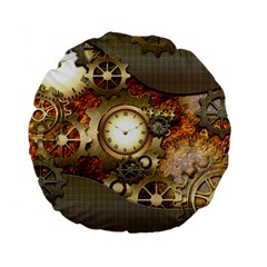 Steampunk, Wonderful Steampunk Design With Clocks And Gears In Golden Desing Standard 15  Premium Flano Round Cushions