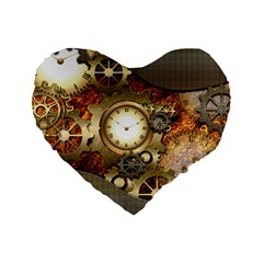 Steampunk, Wonderful Steampunk Design With Clocks And Gears In Golden Desing Standard 16  Premium Flano Heart Shape Cushions