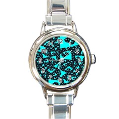 Teal On Black Funky Fractal Round Italian Charm Watches by KirstenStar