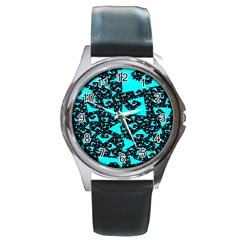 Teal On Black Funky Fractal Round Metal Watches