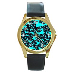 Teal On Black Funky Fractal Round Gold Metal Watches