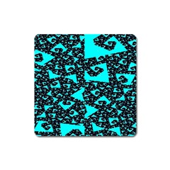 Teal On Black Funky Fractal Square Magnet