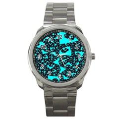 Teal On Black Funky Fractal Sport Metal Watches by KirstenStar