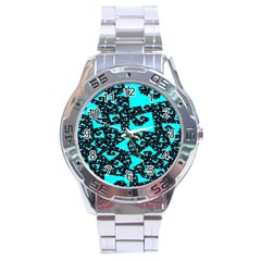 Teal On Black Funky Fractal Stainless Steel Men s Watch by KirstenStar