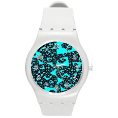 Teal On Black Funky Fractal Round Plastic Sport Watch (m)