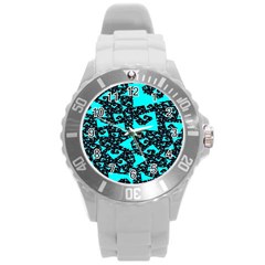 Teal On Black Funky Fractal Round Plastic Sport Watch (l) by KirstenStar