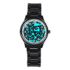 Teal On Black Funky Fractal Stainless Steel Round Watches