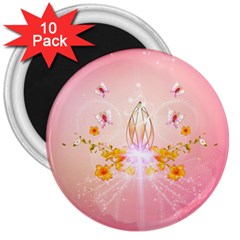 Wonderful Flowers With Butterflies And Diamond In Soft Pink Colors 3  Magnets (10 Pack) 