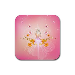 Wonderful Flowers With Butterflies And Diamond In Soft Pink Colors Rubber Coaster (square)  by FantasyWorld7