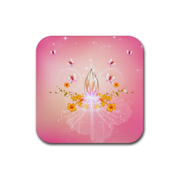 Wonderful Flowers With Butterflies And Diamond In Soft Pink Colors Rubber Coaster (Square) 