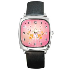 Wonderful Flowers With Butterflies And Diamond In Soft Pink Colors Square Metal Watches