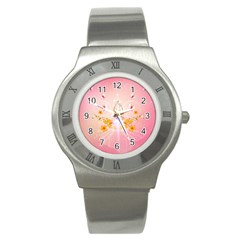 Wonderful Flowers With Butterflies And Diamond In Soft Pink Colors Stainless Steel Watches