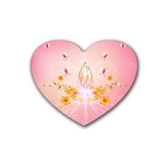 Wonderful Flowers With Butterflies And Diamond In Soft Pink Colors Rubber Coaster (heart) 