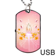 Wonderful Flowers With Butterflies And Diamond In Soft Pink Colors Dog Tag Usb Flash (one Side)