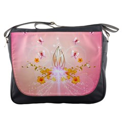 Wonderful Flowers With Butterflies And Diamond In Soft Pink Colors Messenger Bags by FantasyWorld7