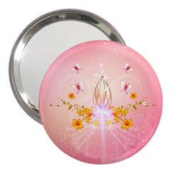 Wonderful Flowers With Butterflies And Diamond In Soft Pink Colors 3  Handbag Mirrors