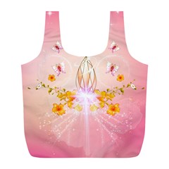 Wonderful Flowers With Butterflies And Diamond In Soft Pink Colors Full Print Recycle Bags (l) 