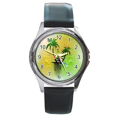 Surfing, Surfboarder With Palm And Flowers And Decorative Floral Elements Round Metal Watches