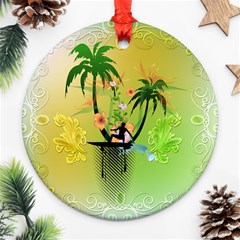 Surfing, Surfboarder With Palm And Flowers And Decorative Floral Elements Ornament (round) 