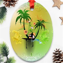 Surfing, Surfboarder With Palm And Flowers And Decorative Floral Elements Ornament (oval)  by FantasyWorld7