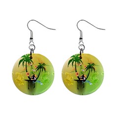 Surfing, Surfboarder With Palm And Flowers And Decorative Floral Elements Mini Button Earrings