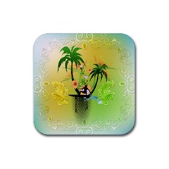 Surfing, Surfboarder With Palm And Flowers And Decorative Floral Elements Rubber Coaster (square)  by FantasyWorld7