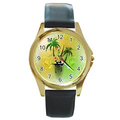 Surfing, Surfboarder With Palm And Flowers And Decorative Floral Elements Round Gold Metal Watches