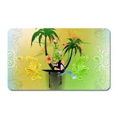 Surfing, Surfboarder With Palm And Flowers And Decorative Floral Elements Magnet (rectangular) by FantasyWorld7