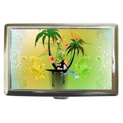 Surfing, Surfboarder With Palm And Flowers And Decorative Floral Elements Cigarette Money Cases