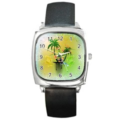 Surfing, Surfboarder With Palm And Flowers And Decorative Floral Elements Square Metal Watches by FantasyWorld7