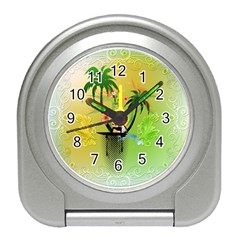 Surfing, Surfboarder With Palm And Flowers And Decorative Floral Elements Travel Alarm Clocks