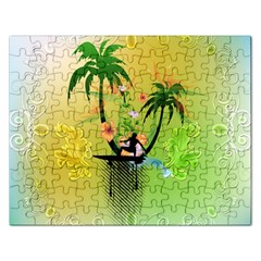 Surfing, Surfboarder With Palm And Flowers And Decorative Floral Elements Rectangular Jigsaw Puzzl by FantasyWorld7