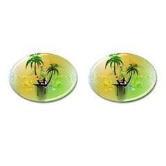 Surfing, Surfboarder With Palm And Flowers And Decorative Floral Elements Cufflinks (oval)