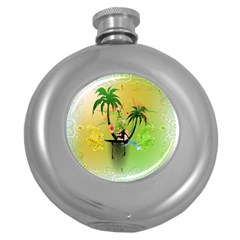 Surfing, Surfboarder With Palm And Flowers And Decorative Floral Elements Round Hip Flask (5 Oz) by FantasyWorld7