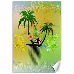 Surfing, Surfboarder With Palm And Flowers And Decorative Floral Elements Canvas 12  X 18  