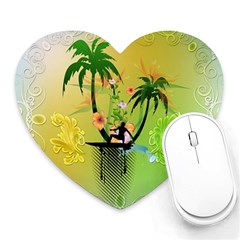 Surfing, Surfboarder With Palm And Flowers And Decorative Floral Elements Heart Mousepads by FantasyWorld7