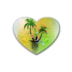 Surfing, Surfboarder With Palm And Flowers And Decorative Floral Elements Heart Coaster (4 Pack)  by FantasyWorld7