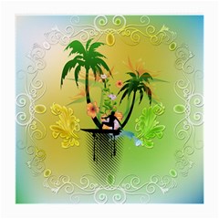 Surfing, Surfboarder With Palm And Flowers And Decorative Floral Elements Medium Glasses Cloth by FantasyWorld7